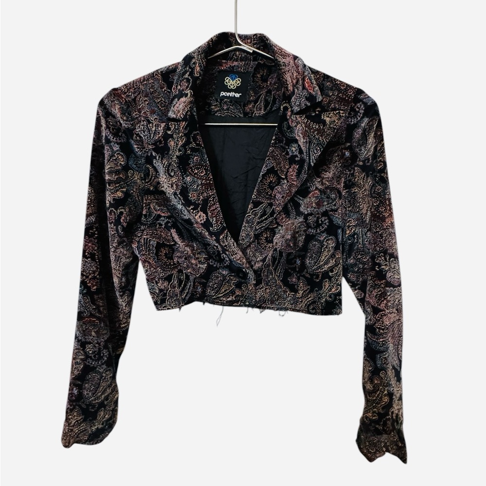 Vintage Paisley High End Panther Cropped Velvet Purple Jacket Women’s XS